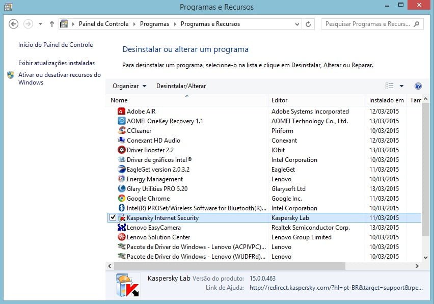 Desinstalar o Kaspersky no Windows 7.