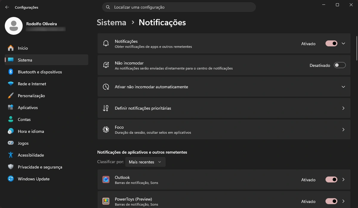 Como gerenciar as notificações do Windows 11 pelo painel central.