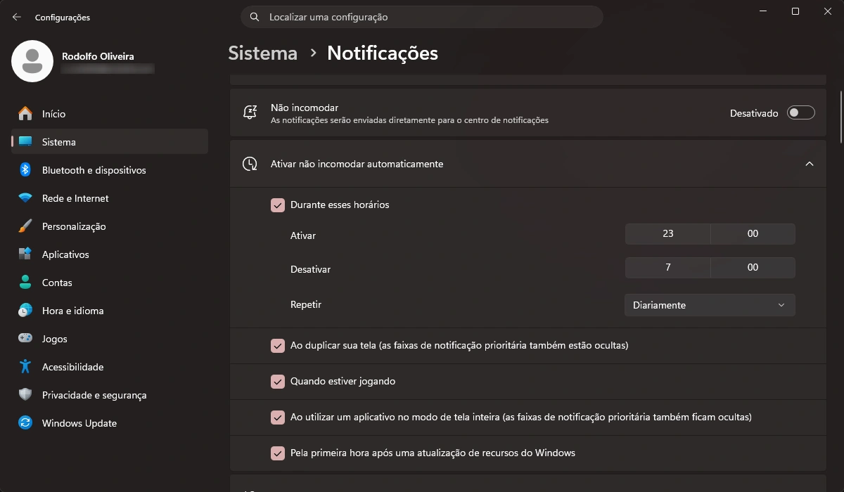 Ativar não incomodar automaticamente no Windows 11
