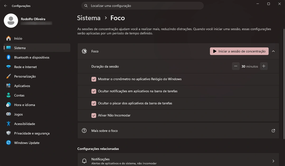 Gerenciar configurações das sessões de Foco