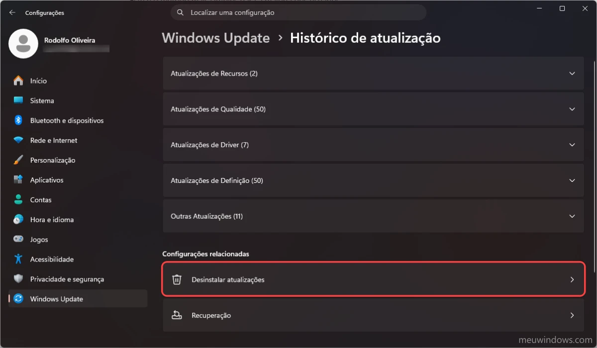 Desinstalar uma atualização pelas Configurações do Windows 11