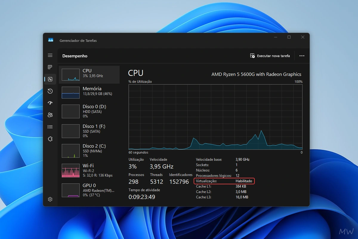 Verificar se a virtualização está habilitada no Gerenciador de Tarefas para usar o VirtualBox no Windows.
