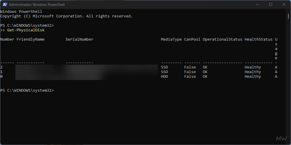 Como verificar a saúde do HD e SSD no Windows 11 e 10 2 Tela do PowerShell mostrando a verificação da integridade do HD e SSD.
