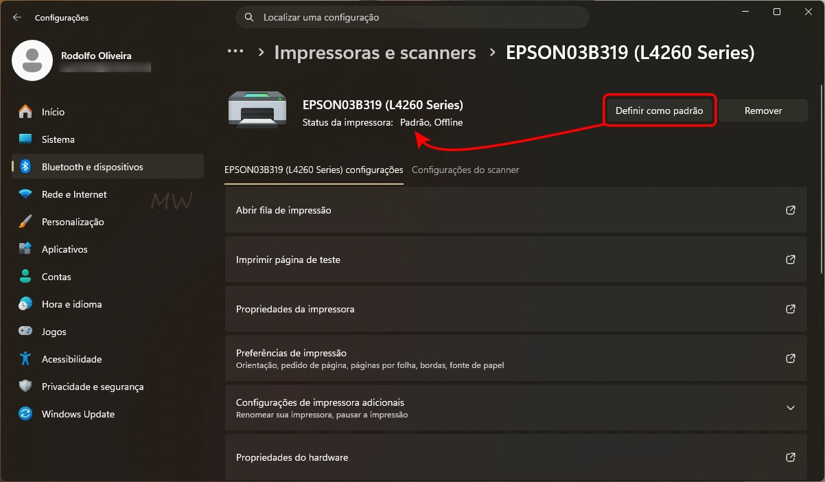 Escolha a impressora desejada e clique em "Definir como padrão"