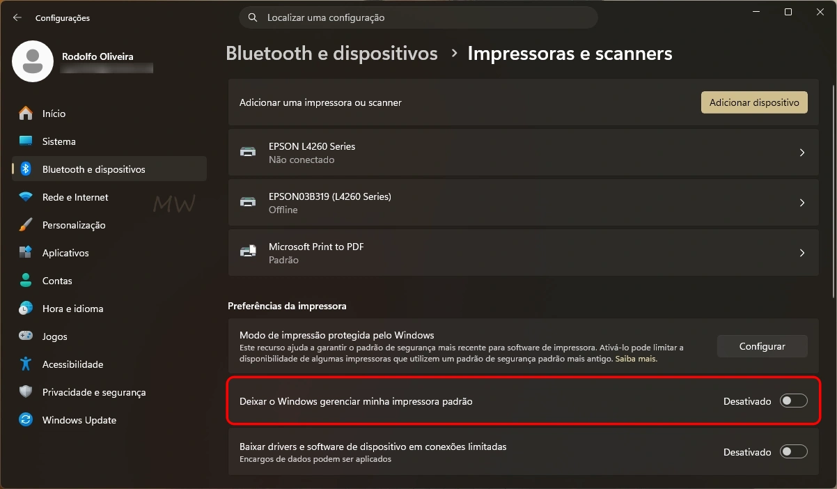 Desativar a opção "Deixar o Windows gerenciar minha impressora padrão