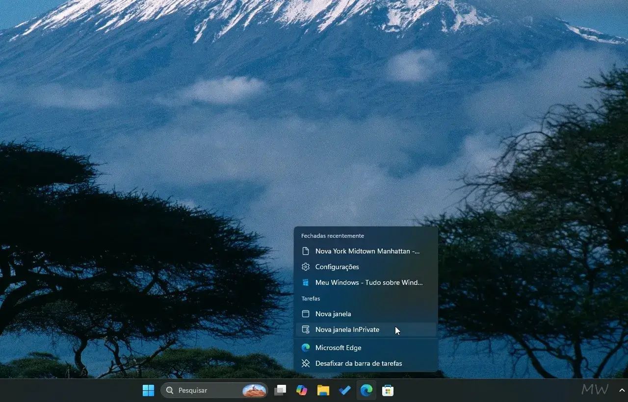 Como abrir o InPrivate no Microsoft Edge usando a Barra de Tarefas do Windows 11