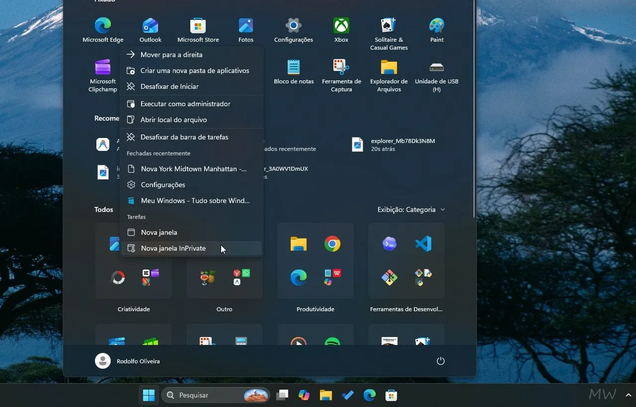 Como abrir o InPrivate no Microsoft Edge usando o Menu Iniciar
