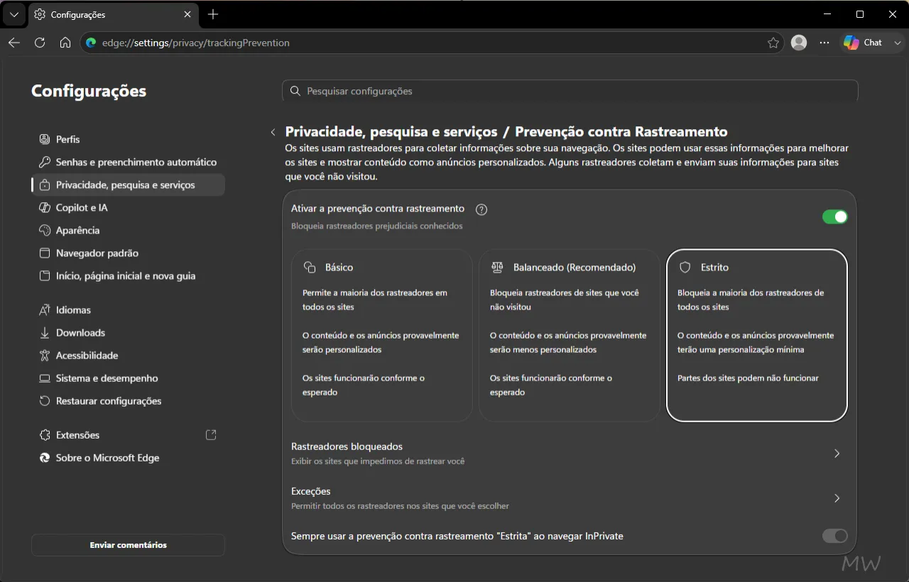 Como ajustar a prevenção contra rastreamento no Microsoft Edge