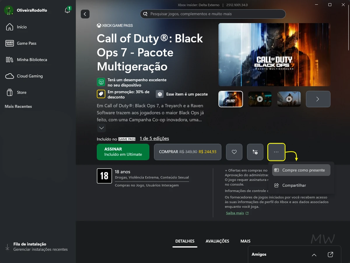 Comprando jogos como presente pelo aplicativo Xbox