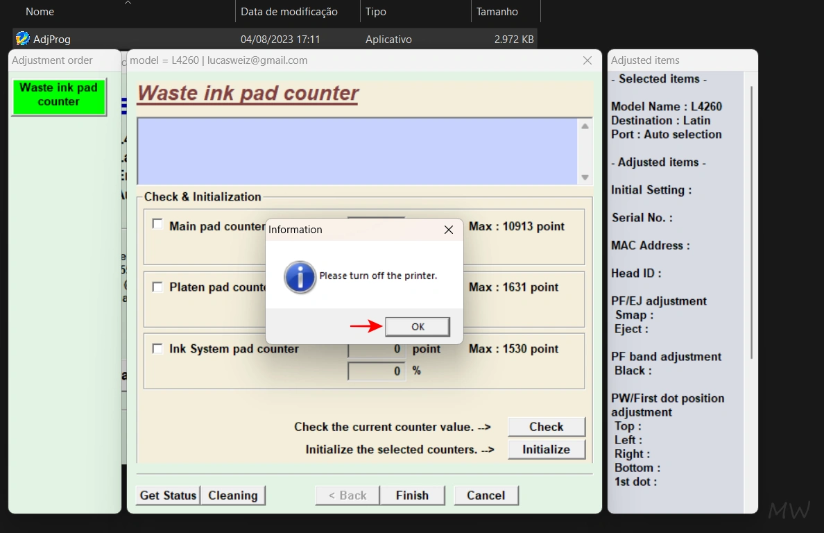 reset almofada tinta epson 09