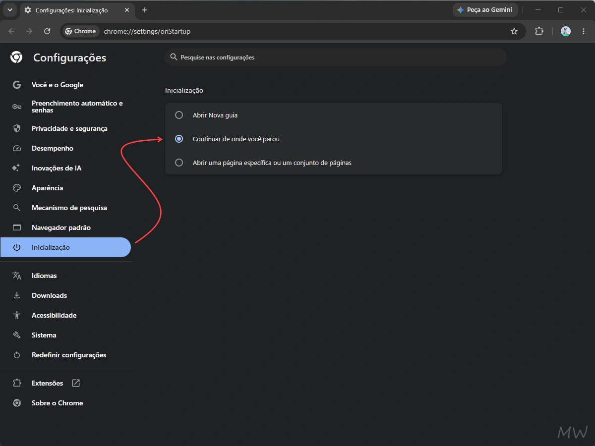 Configurando o recurso “Continuar de onde você parou” no Chrome no Windows.