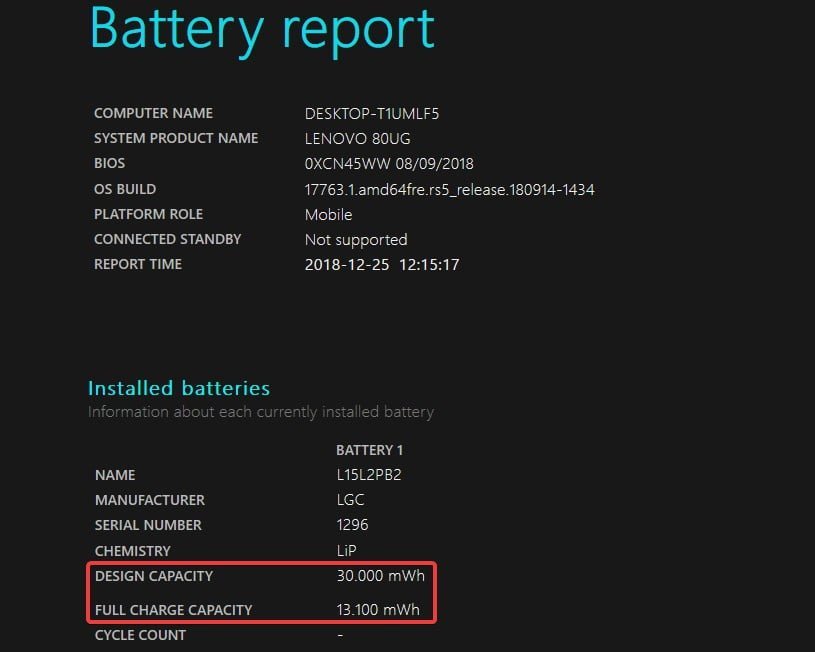 Verifique a capacidade atual da bateria no Windows 10.