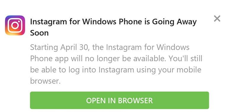 Aviso no aplicativo do Instagram para Windows 10 Mobile.