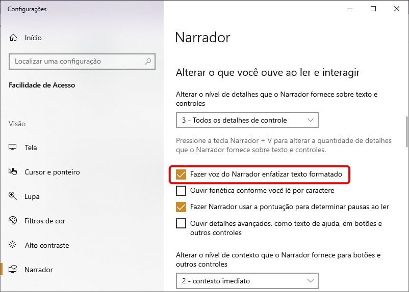 Fazer voz do Narrador enfatizar texto formatado no Windows 10