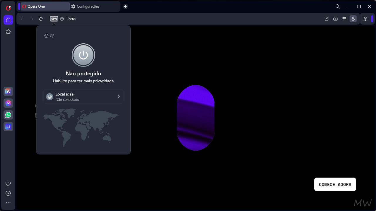 Como ativar a VPN do Opera no Windows 11/10 (Browser e GX) 1 Captura de tela mostrando o botão VPN aberto no Opera.