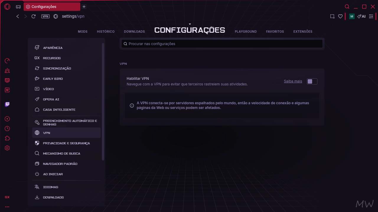 Como ativar a VPN do Opera no Windows 11/10 (Browser e GX) 3 Captura de tela mostrando a tela de configurações do Opera GX.