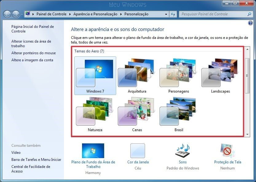Selecione um tema do Aero que você deseja usar no Windows 7.