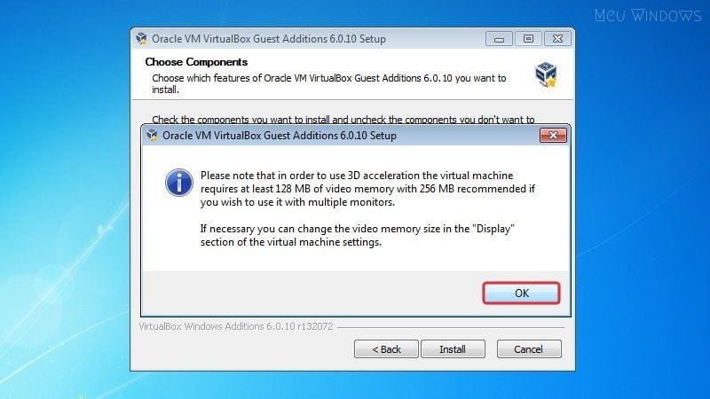 VirtualBox avisa que você deve ter pelo menos 128 MB de memória de vídeo.
