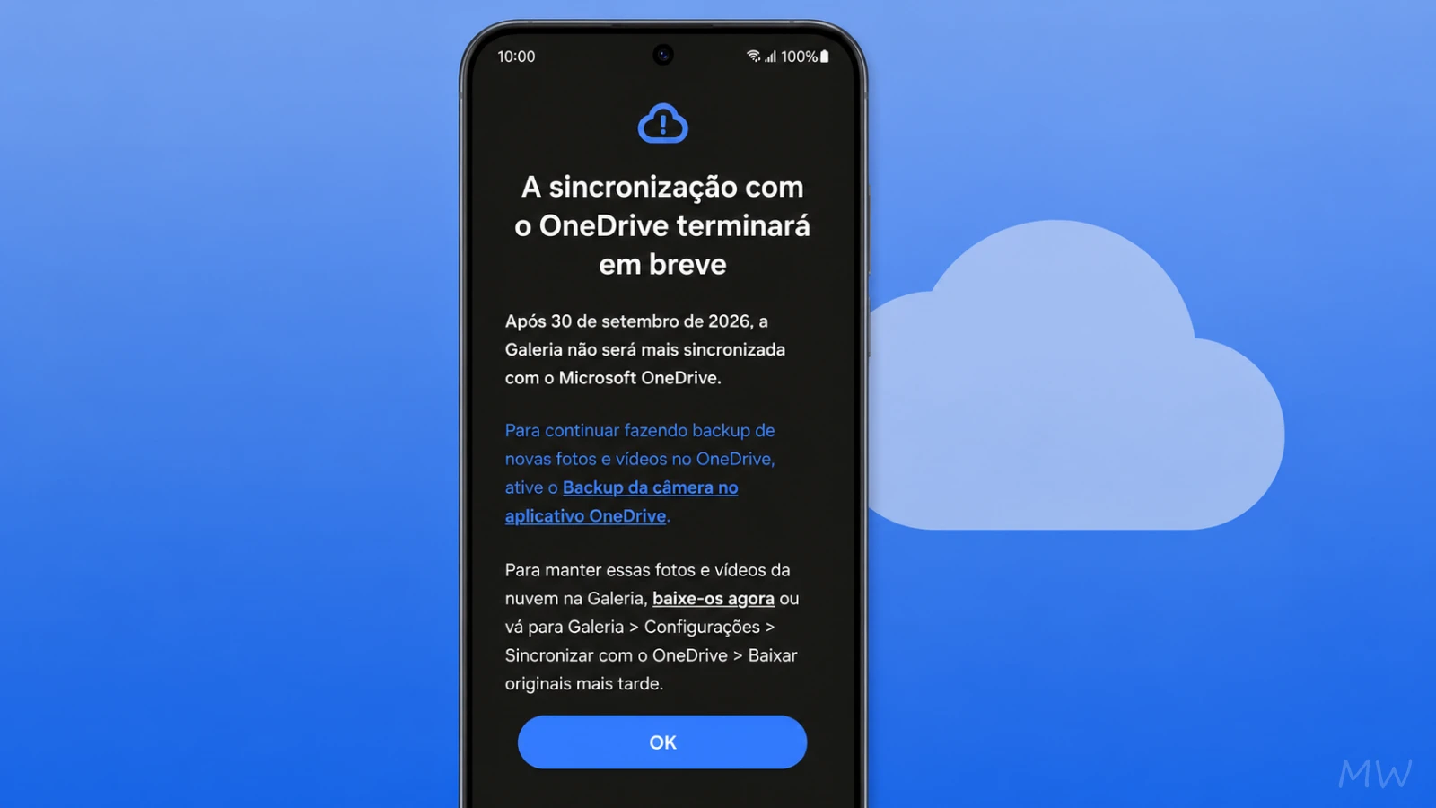 Aviso da Galeria sobre o fim da sincronização com o OneDrive