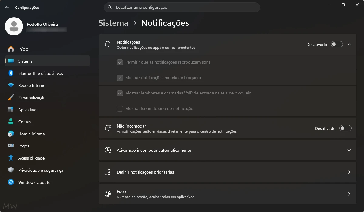 Como desativar todas as notificações do Windows 11.