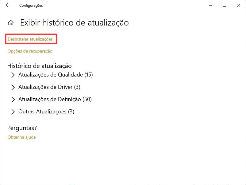 Clicando no link Desinstalar atualizações do Windows 10.