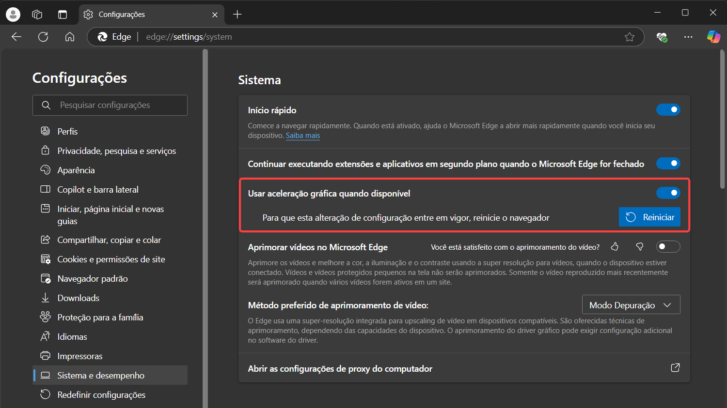 Ativar a aceleração de hardware no Microsoft Edge