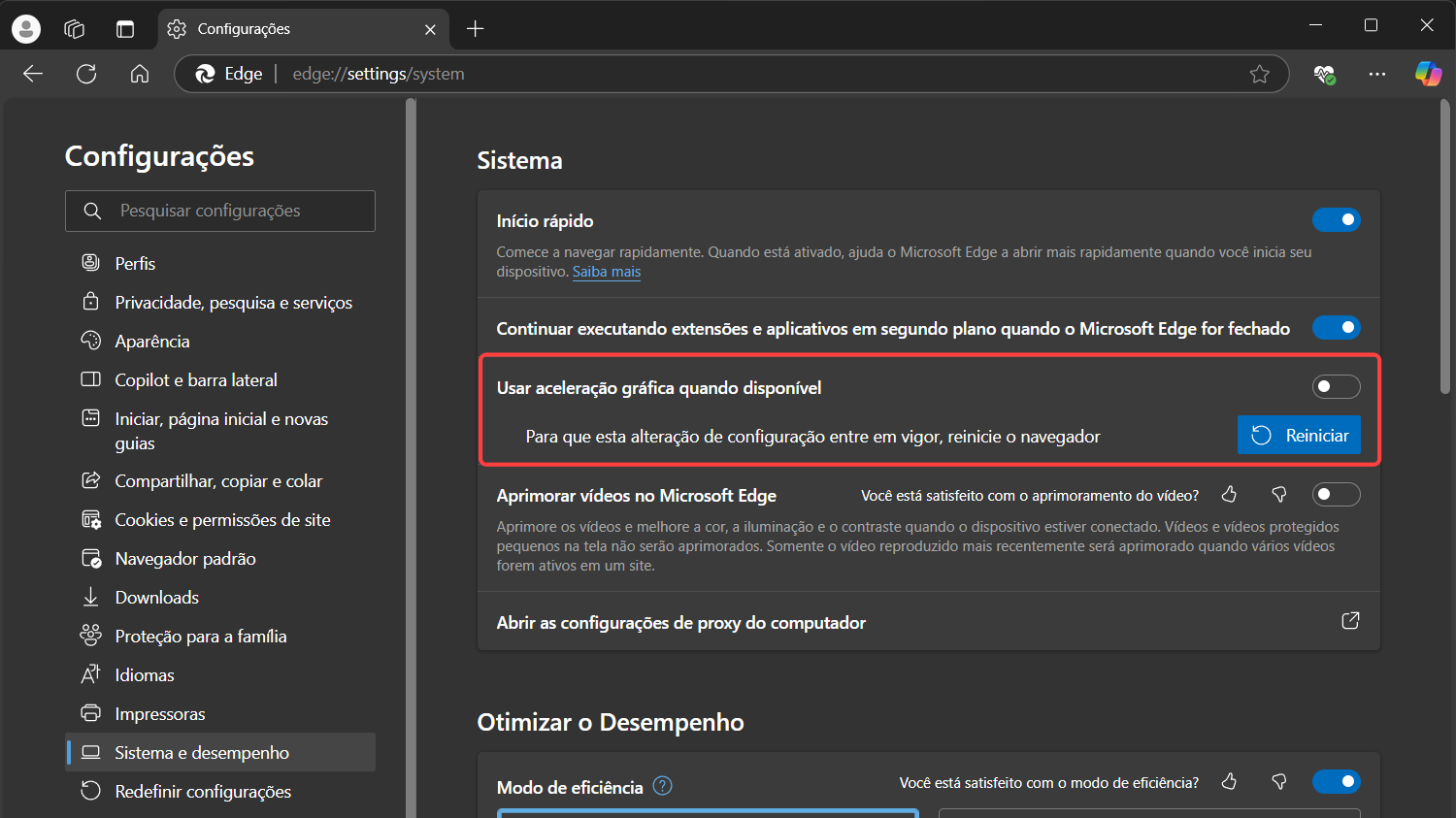 Desativar a aceleração de hardware no Microsoft Edge