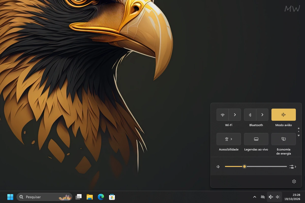 Captura de tela sobre como ativar e desativar o modo avião no Windows 11 pela Central de Ações.
