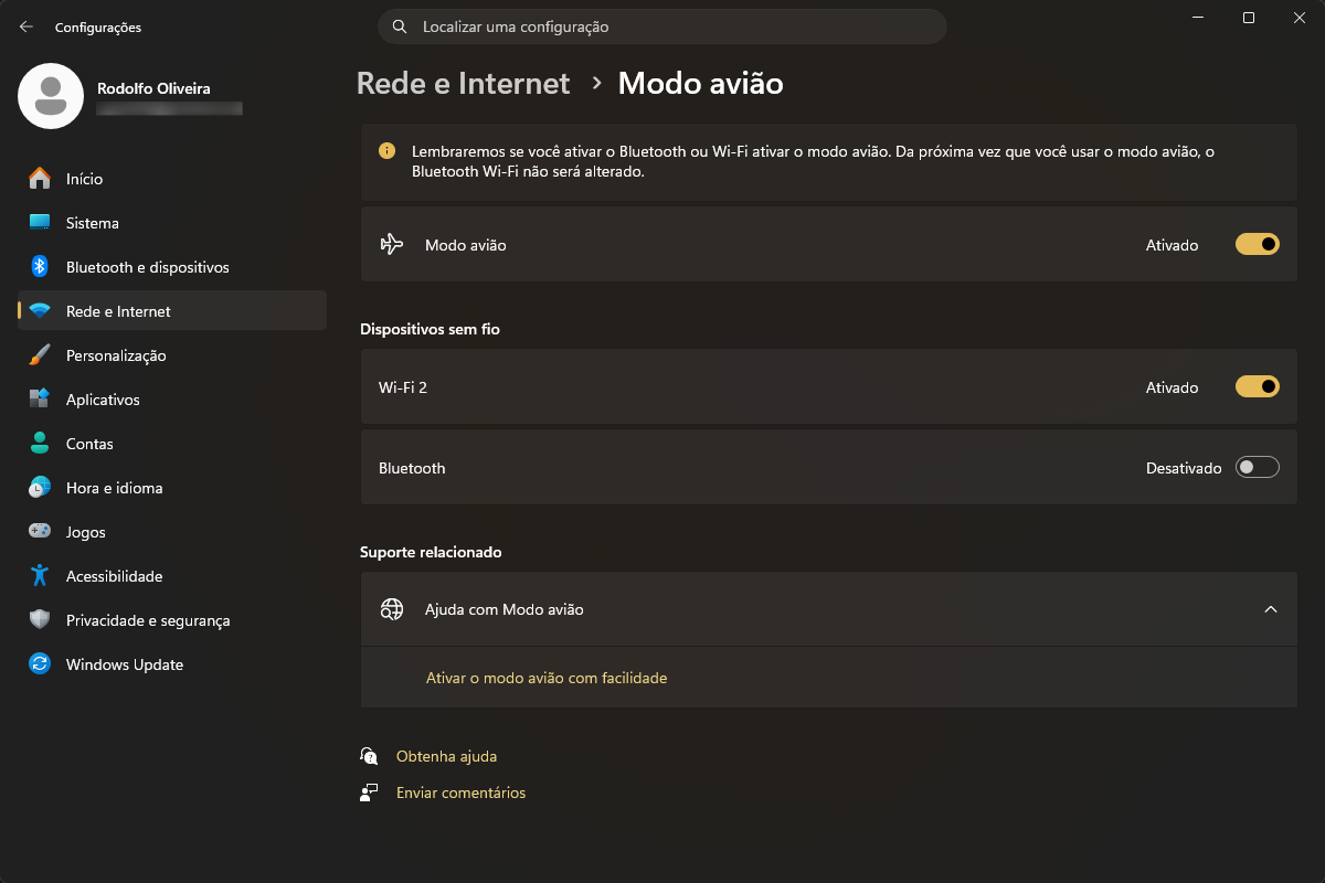 Captura de tela sobre como ativar e desativar o modo avião no Windows 11 pelas Configurações.