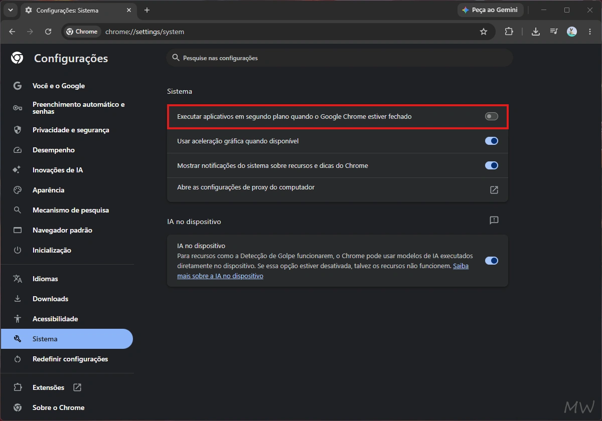Como desativar o Chrome em segundo plano no Windows 11/10 1 Captura de tela desativando o Chrome em segundo plano nas configurações.