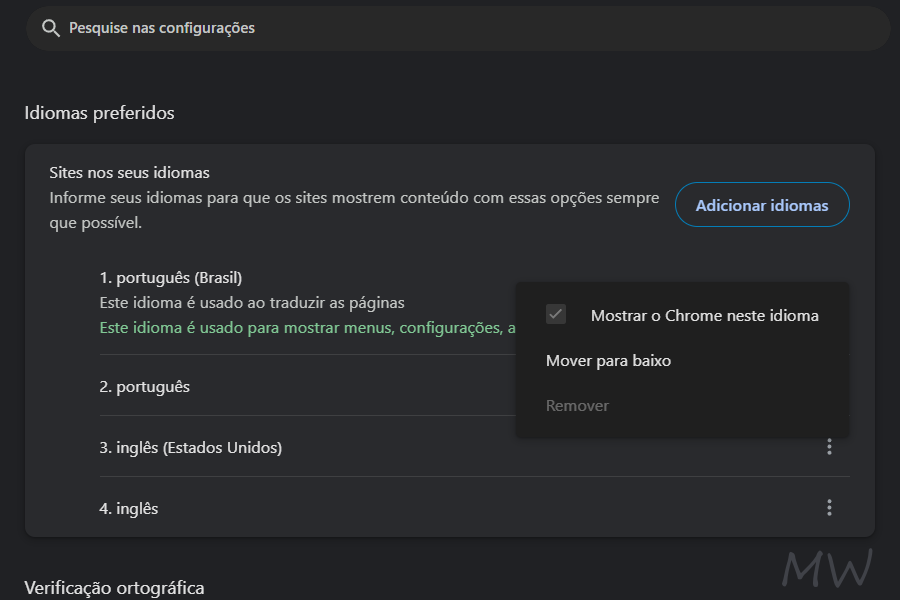 Marque a opção Mostrar o Chrome neste idioma