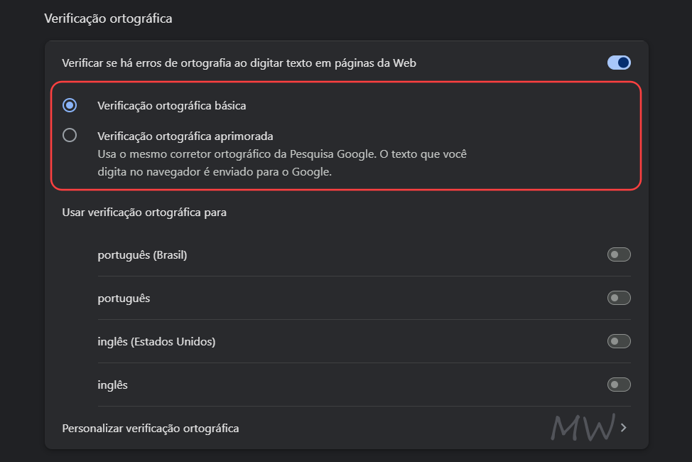 Verificação ortográfica básica ou Verificação ortográfica aprimorada