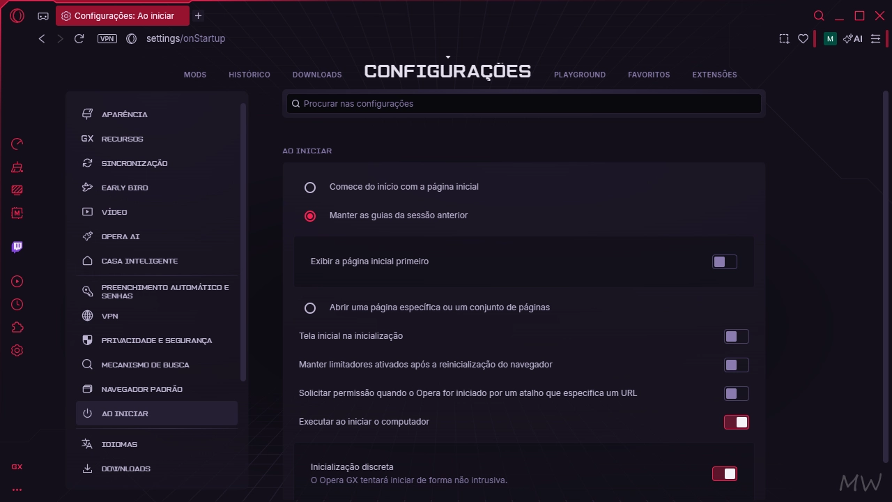 Como impedir que o Opera abra ao iniciar o Windows 11/10 3 Configurações do Opera GX mostrando a opção "Executar ao iniciar o computador".