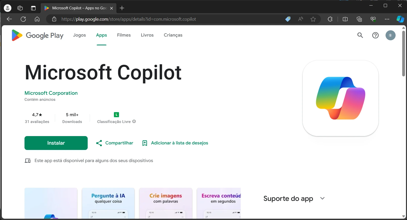 Aplicativo Microsoft Copilot no Google Play Store