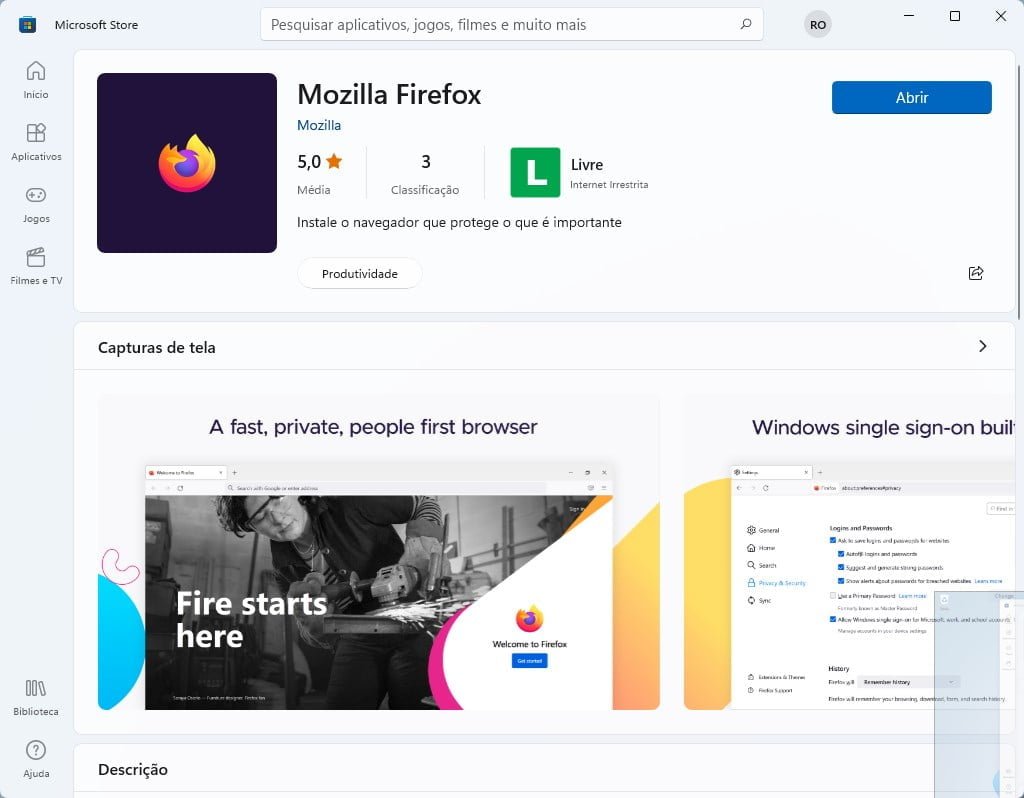Mozilla Firefox disponível na Microsoft Store