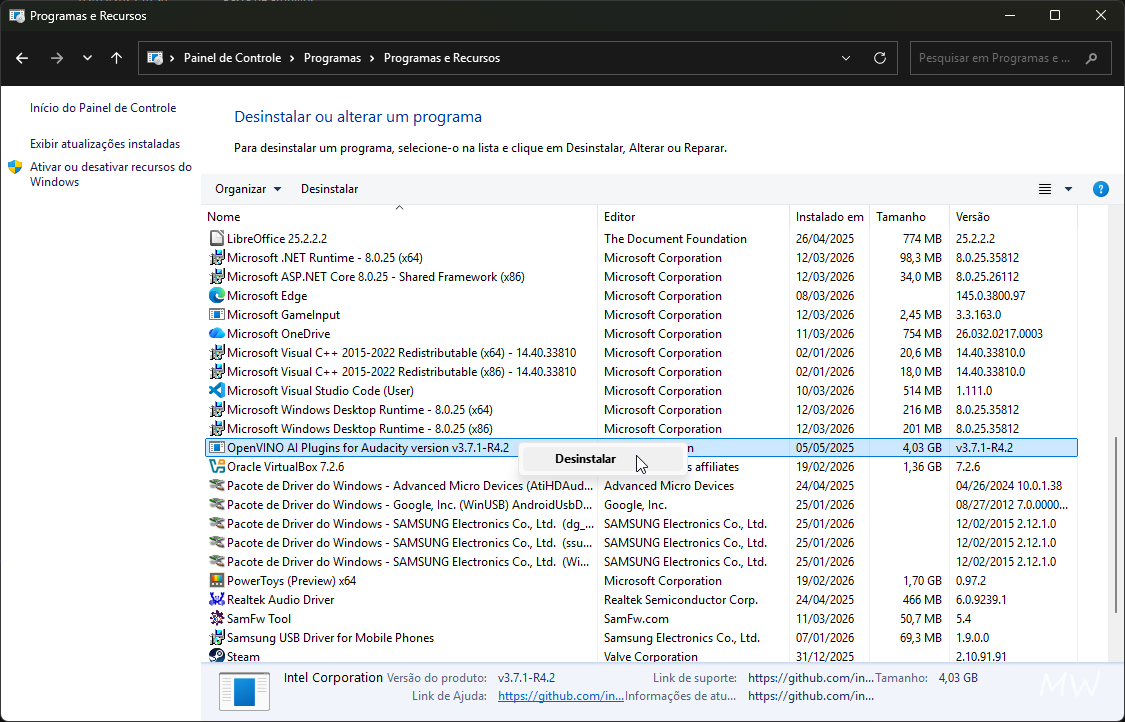 Desinstalar dependências do OpenVINO no Windows 10