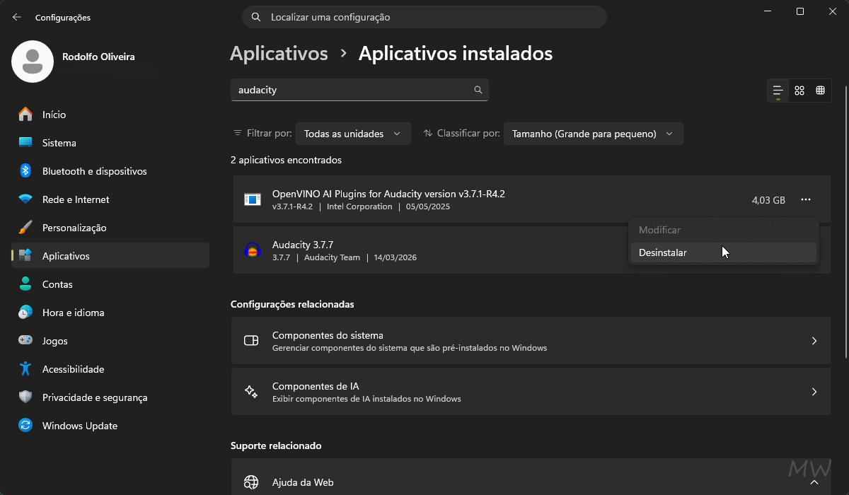 Desinstalar dependências do OpenVINO no Windows 11