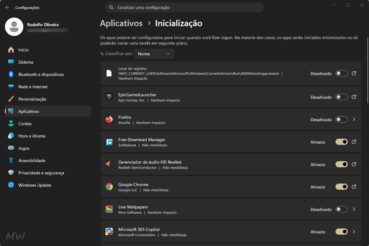 Como otimizar o Windows 11 para deixar o PC mais rápido 2 Screenshot de Configurações > Aplicativos > Inicialização.