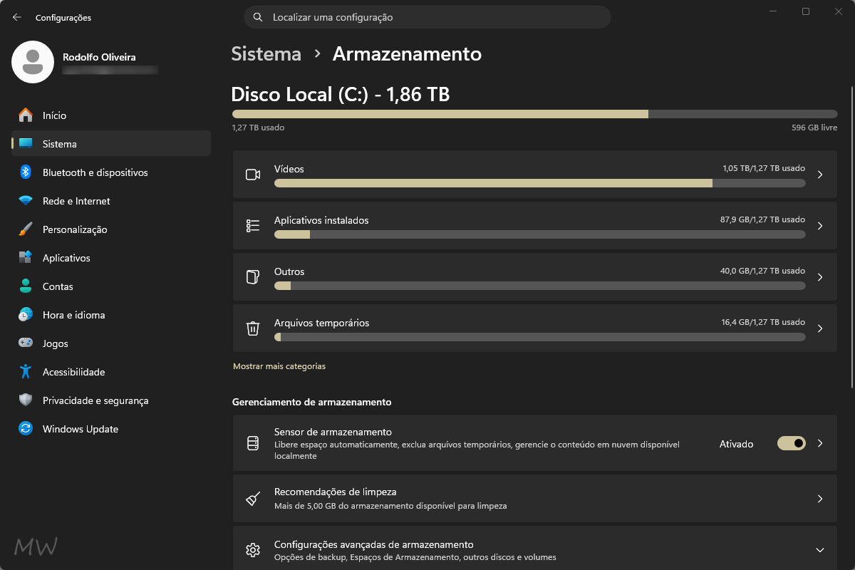 Como otimizar o Windows 11 para deixar o PC mais rápido 3 Screenshot de Configurações > Sistema > Armazenamento.