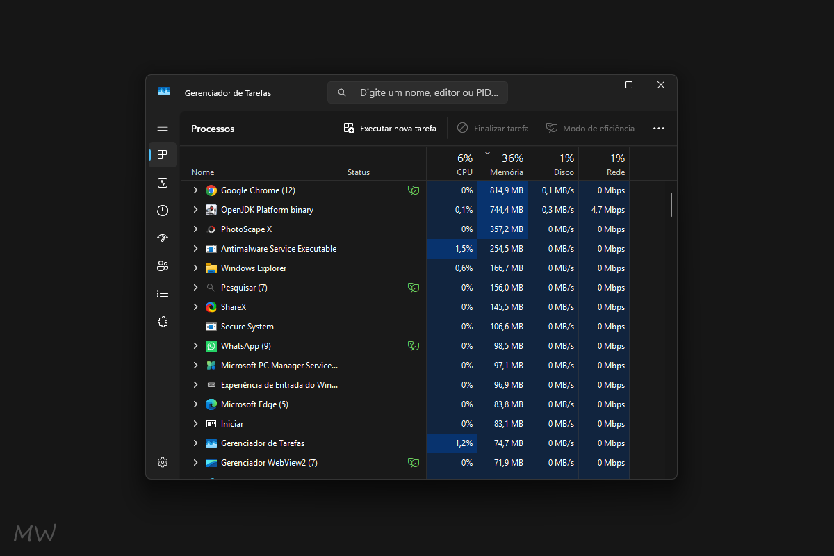 Como otimizar o Windows 11 para deixar o PC mais rápido 5 Screenshot do Gerenciador de Tarefas mostrando CPU, memória, disco e GPU.