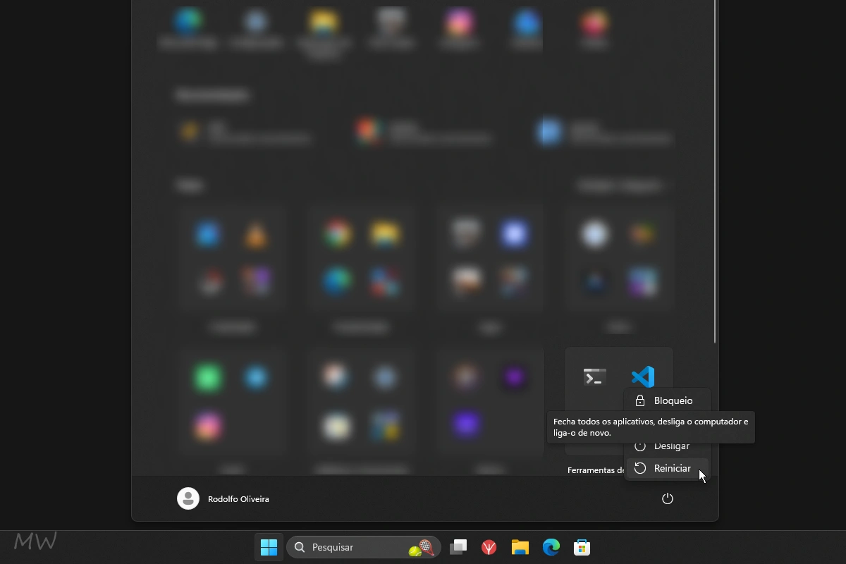 Como otimizar o Windows 11 para deixar o PC mais rápido 9 Screenshot do menu Iniciar mostrando a opção Reiniciar.