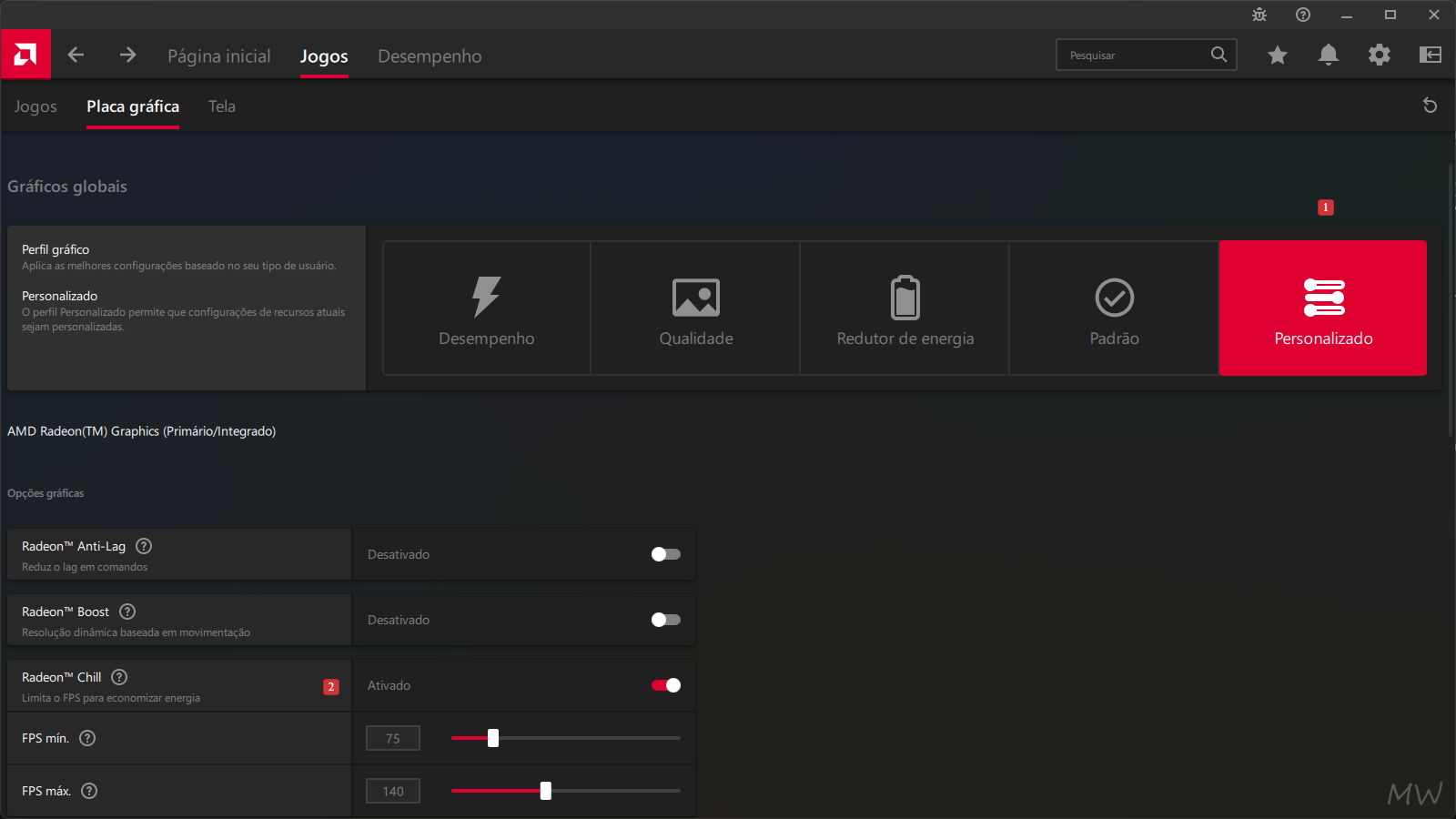 Captura mostrando o Radeon Chill ativado e os controles de FPS.