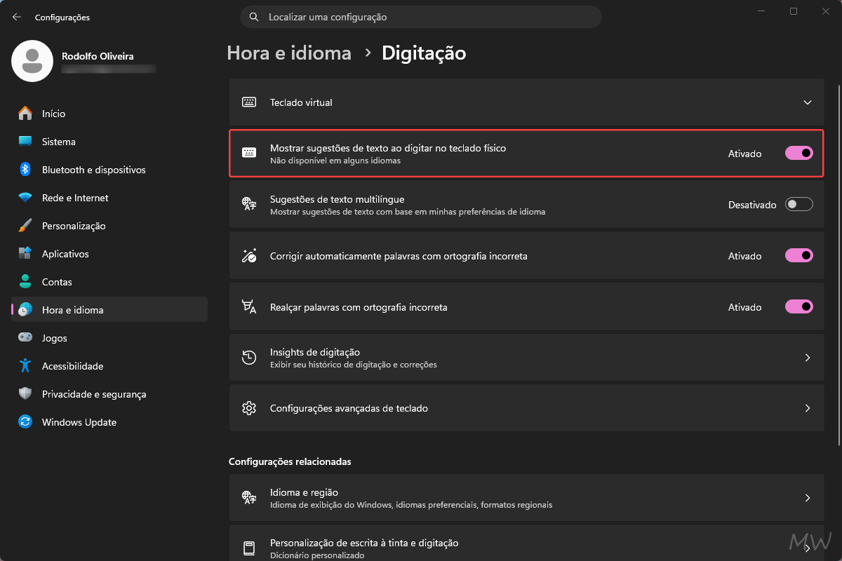 Como ativar ou desativar sugestões de texto no Windows 11 1 Tela do Windows 11 mostrando sugestões de texto ao digitar ativado.