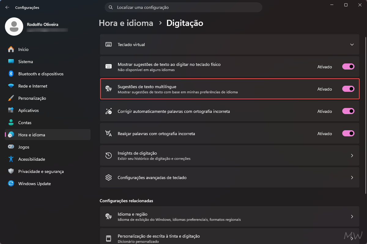Como ativar ou desativar sugestões de texto no Windows 11 2 Tela do Windows 11 ativando as sugestões de texto multilíngue.