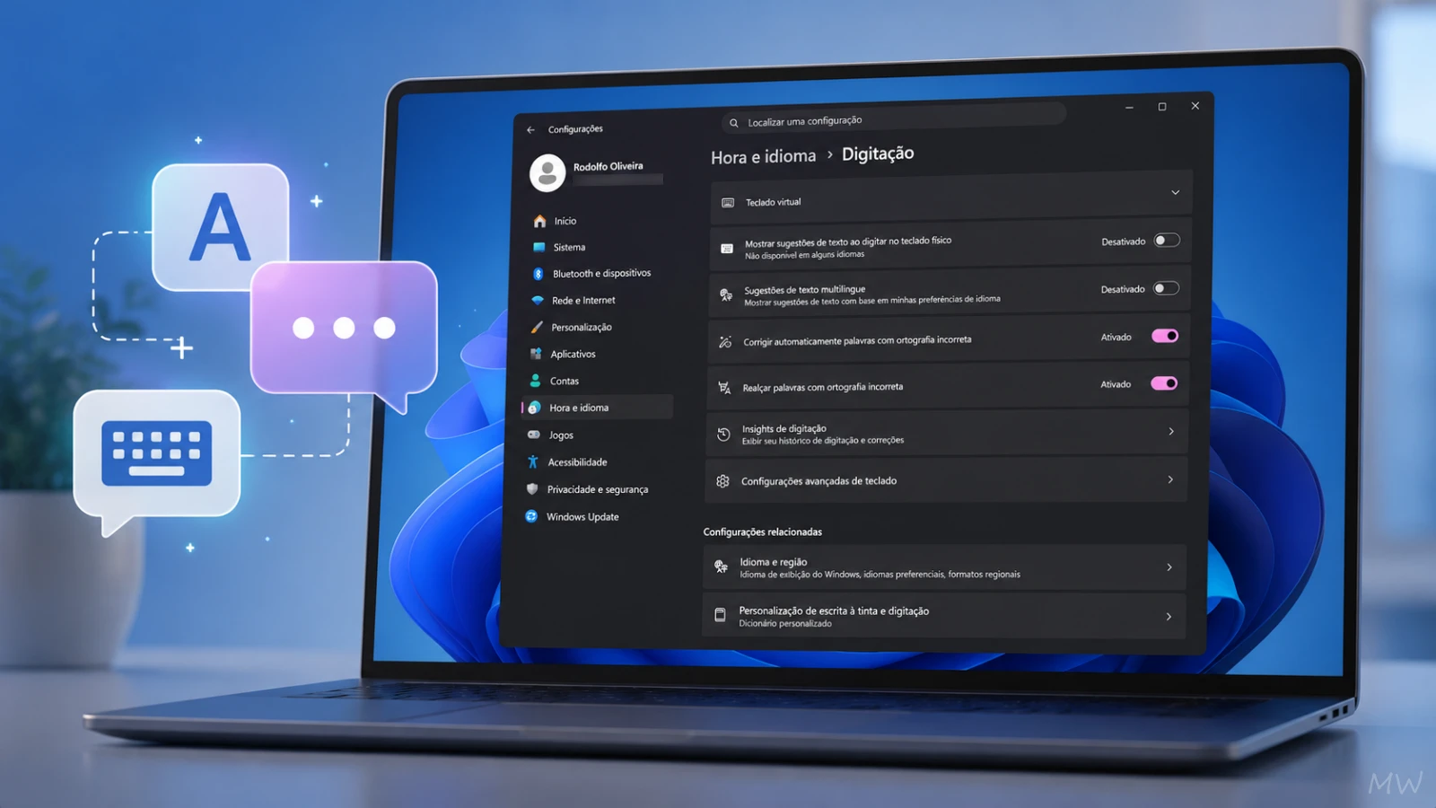 Como ativar ou desativar sugestões de texto no Windows 11 Tela Digitação do Windows 11 mostrando as opções de sugestões de texto desativadas.