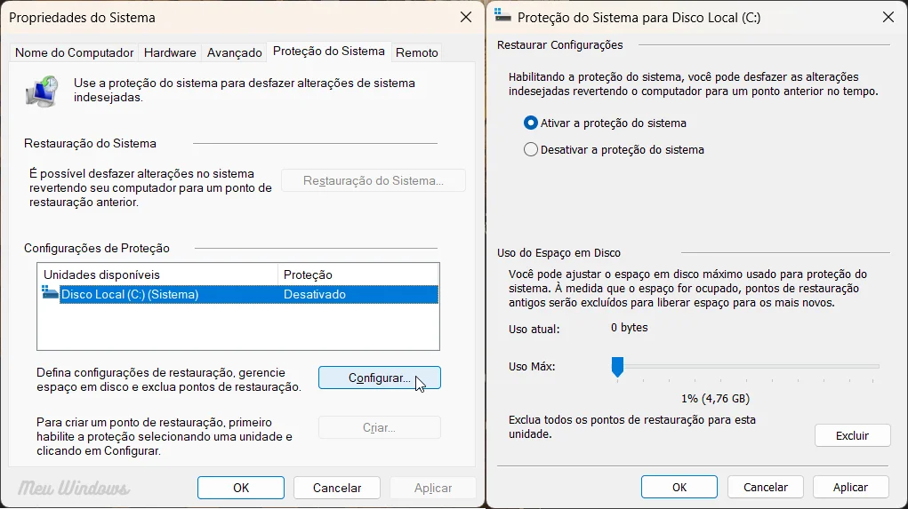 configurar ponto de restauracao windows 1