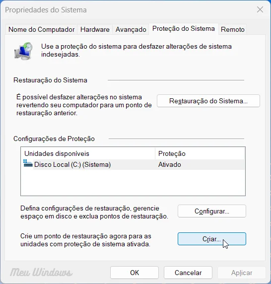 criar ponto de restauracao windows 1
