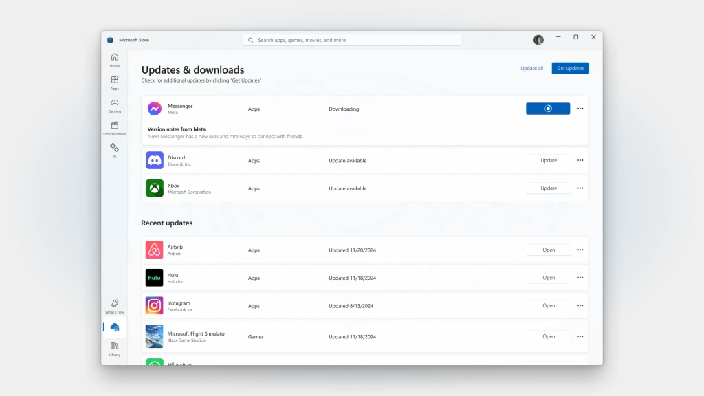 Página de downloads mostrando um aplicativo com notas do desenvolvedor em andamento de atualização.