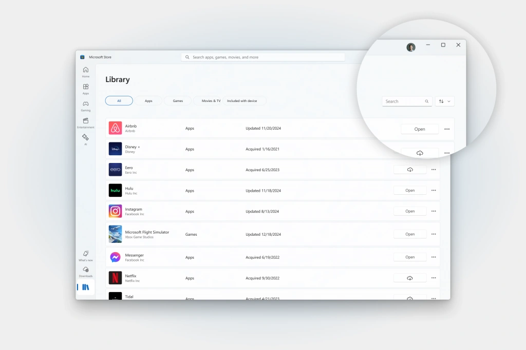 Botão de pesquisa no canto superior direito da página da biblioteca em destaque.