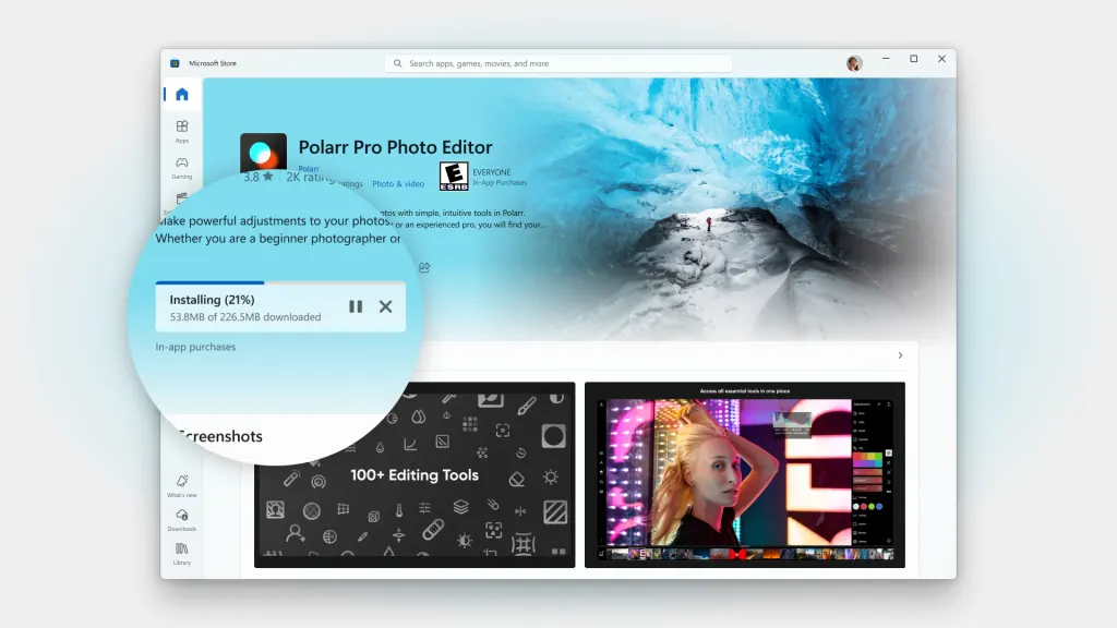 Botão de instalação mostrando barra de progresso, porcentagem e número de MB baixados do total.